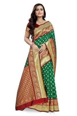 Green printed banarasi silk saree with blouse 3