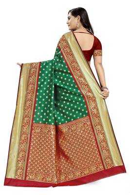 Green printed banarasi silk saree with blouse 4