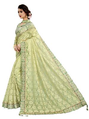 Green embroidered net saree with blouse 2