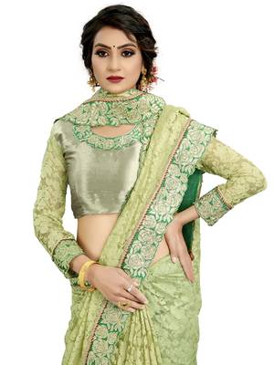 Green embroidered net saree with blouse 5