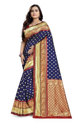 Blue printed banarasi silk saree with blouse 1