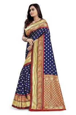 Blue printed banarasi silk saree with blouse 2