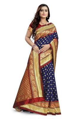 Blue printed banarasi silk saree with blouse 3