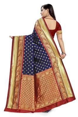 Blue printed banarasi silk saree with blouse 4