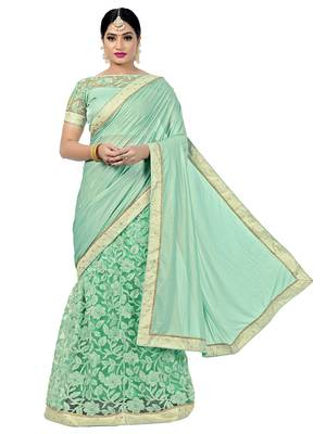 Green embroidered viscose saree with blouse 1