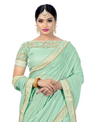 Green embroidered viscose saree with blouse 5