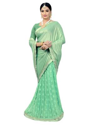 Green embroidered viscose saree with blouse 3
