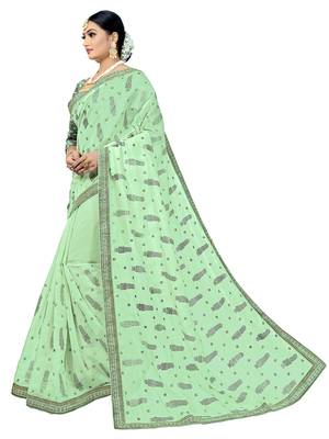 Green embroidered tissue saree with blouse 2