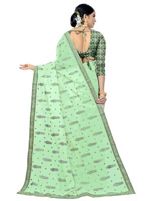 Green embroidered tissue saree with blouse 3