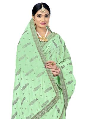Green embroidered tissue saree with blouse 4