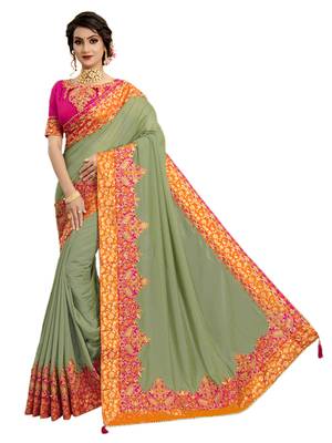 Green embroidered pure silk saree with blouse 1