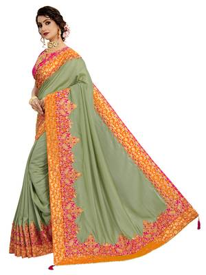 Green embroidered pure silk saree with blouse 2