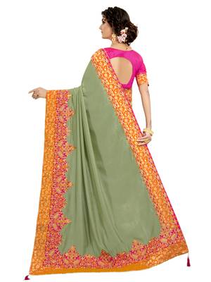 Green embroidered pure silk saree with blouse 3