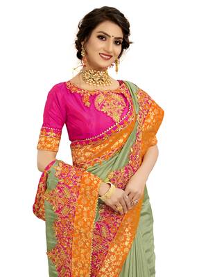 Green embroidered pure silk saree with blouse 4