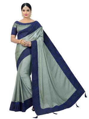 Grey embroidered pure silk saree with blouse 1
