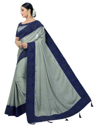 Grey embroidered pure silk saree with blouse 2