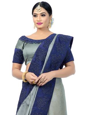Grey embroidered pure silk saree with blouse 3