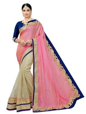Pink embroidered pure silk saree with blouse 1