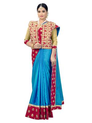 Blue embroidered pure silk saree with blouse 4