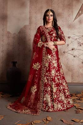 Maroon embroidered velvet semi stitched lehenga 2