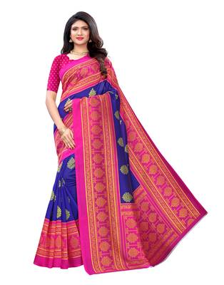 Blue printed poly silk saree with blouse 1