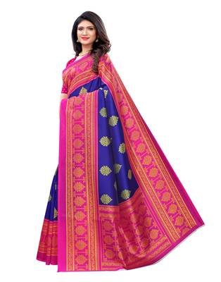 Blue printed poly silk saree with blouse 2