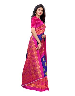 Blue printed poly silk saree with blouse 3