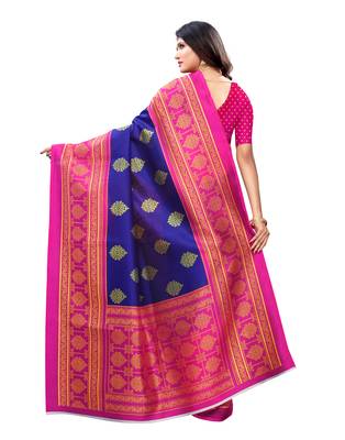 Blue printed poly silk saree with blouse 4
