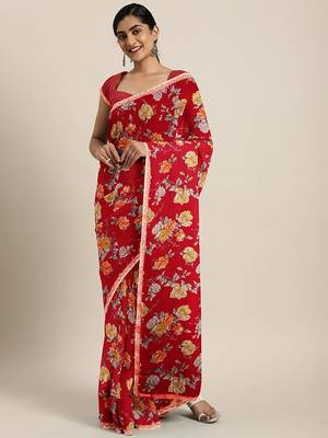 Red printed chiffon saree with blouse 1