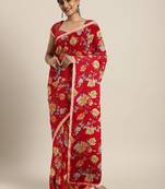 Red printed chiffon saree with blouse