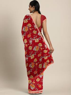 Red printed chiffon saree with blouse 2