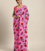 Pink printed chiffon saree with blouse