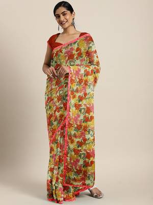 Yellow printed chiffon saree with blouse 1
