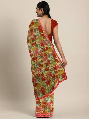 Yellow printed chiffon saree with blouse 2