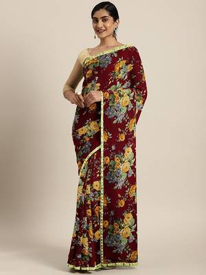 Maroon printed chiffon saree with blouse 1
