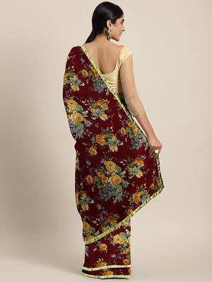 Maroon printed chiffon saree with blouse 2