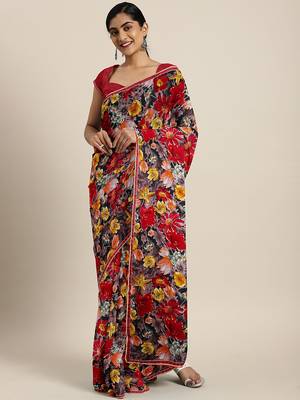 Multicolor printed chiffon saree with blouse 1