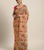 Cream printed chiffon saree with blouse