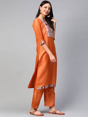 Orange printed art silk kurtas-and-kurtis 3