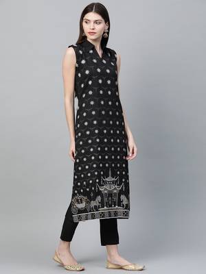 Black printed art silk kurtas-and-kurtis 3