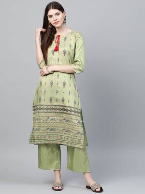 Green printed art silk kurtas-and-kurtis 1
