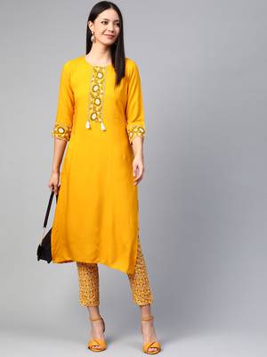 Mustard printed rayon kurtas-and-kurtis 4