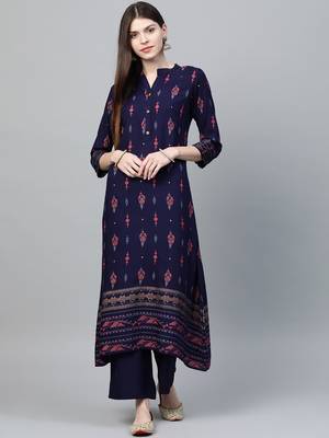 Navy-blue printed rayon kurtas-and-kurtis 1