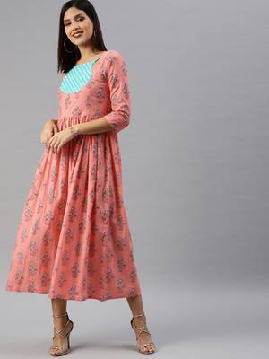 Peach printed cotton short-dresses 1
