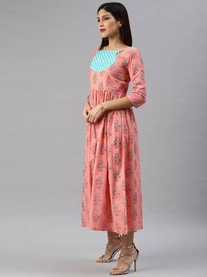 Peach printed cotton short-dresses 2