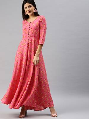 Peach printed viscose rayon long-dresses 1
