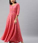 Peach printed viscose rayon long-dresses
