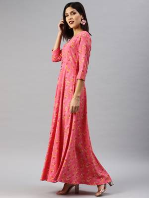Peach printed viscose rayon long-dresses 2