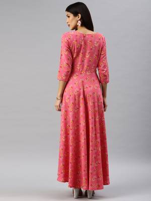 Peach printed viscose rayon long-dresses 3
