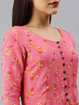 Peach printed viscose rayon long-dresses 4